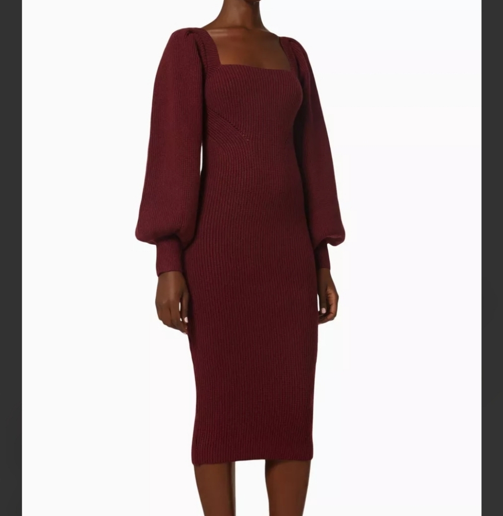 MinkPink Paige Puff Sleeve Elegant Burgundy Knit Dress